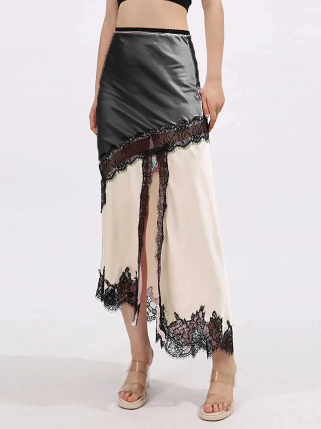Lace Trim Asymmetrical Midi Skirt by Lady Ros