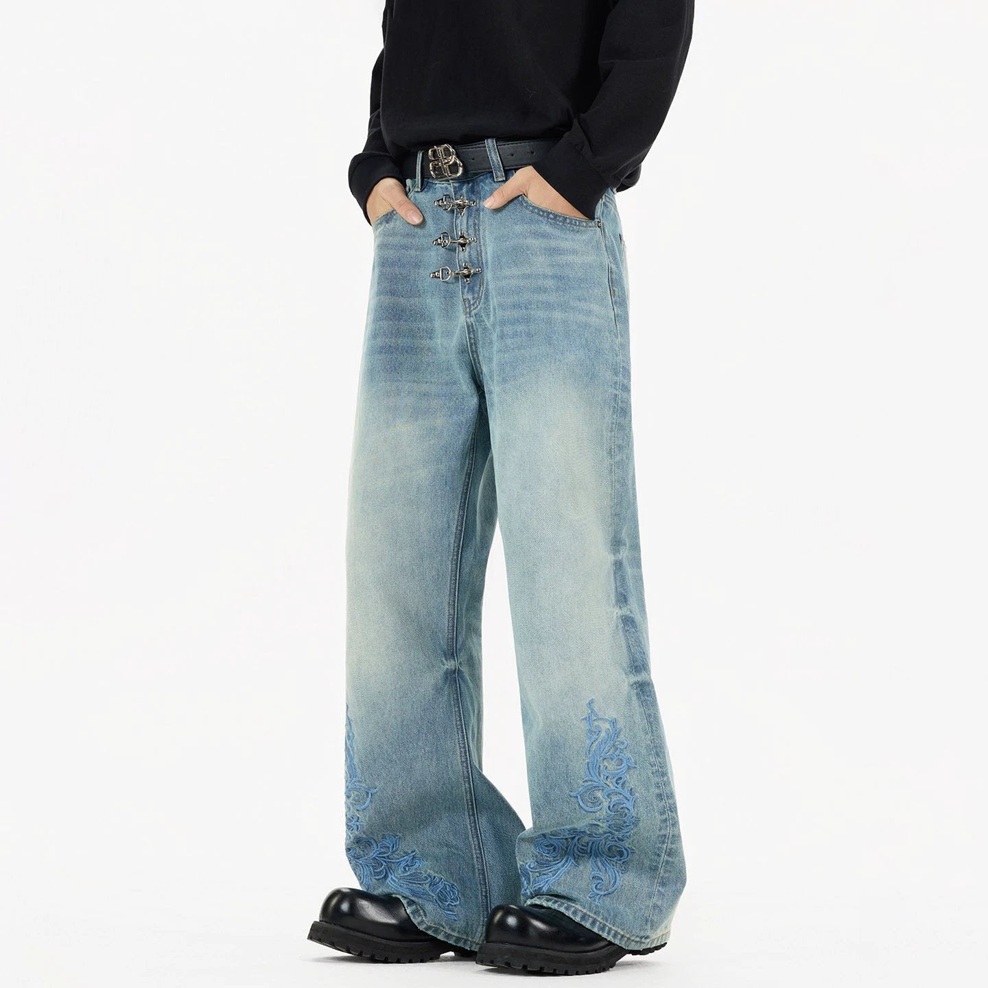 Men's Distressed Loose Straight-leg Bootcut Jeans by GJG Denim