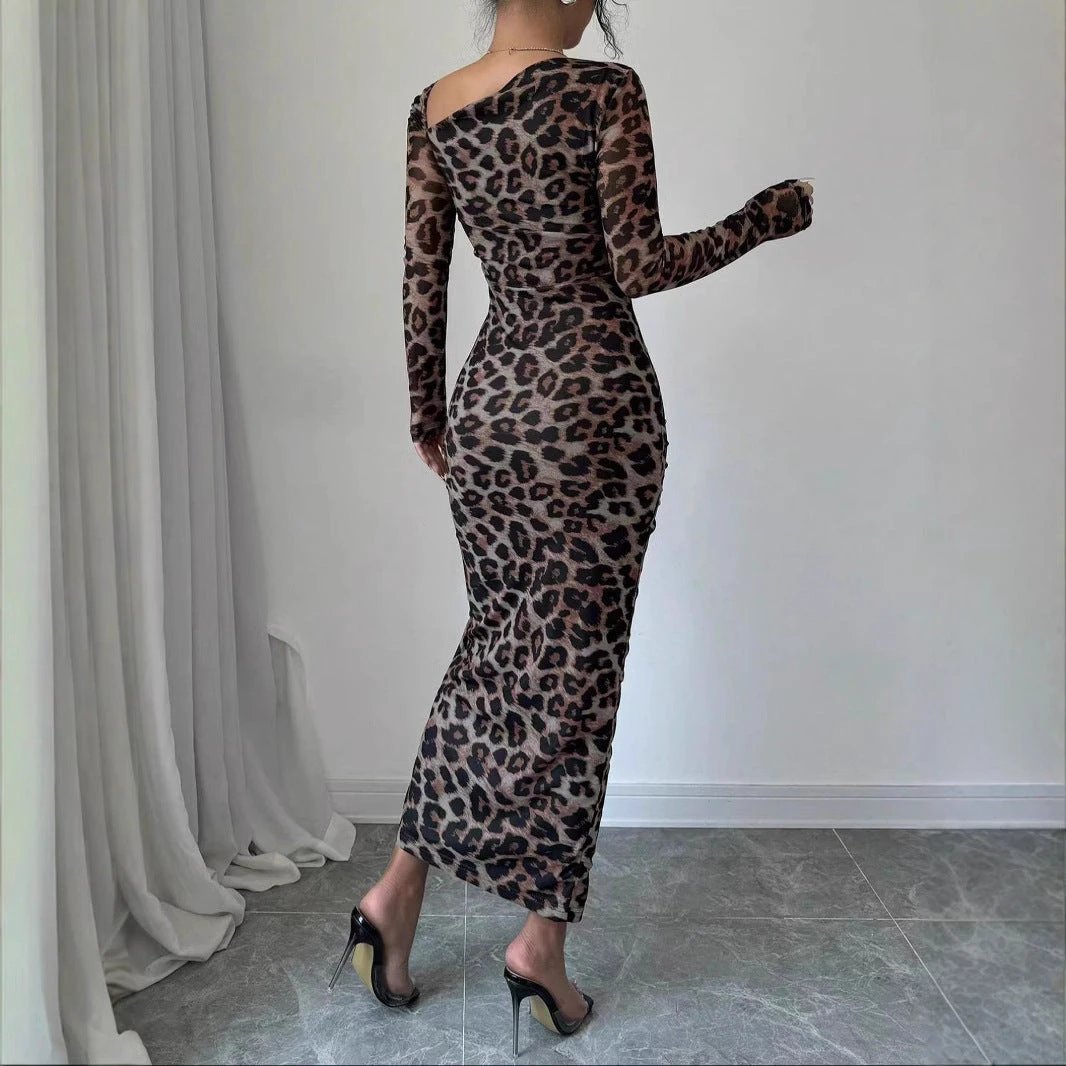 New Women's irregular V-Neck Long Sleeve Sexy Leopard Print Dress by GJG Denim