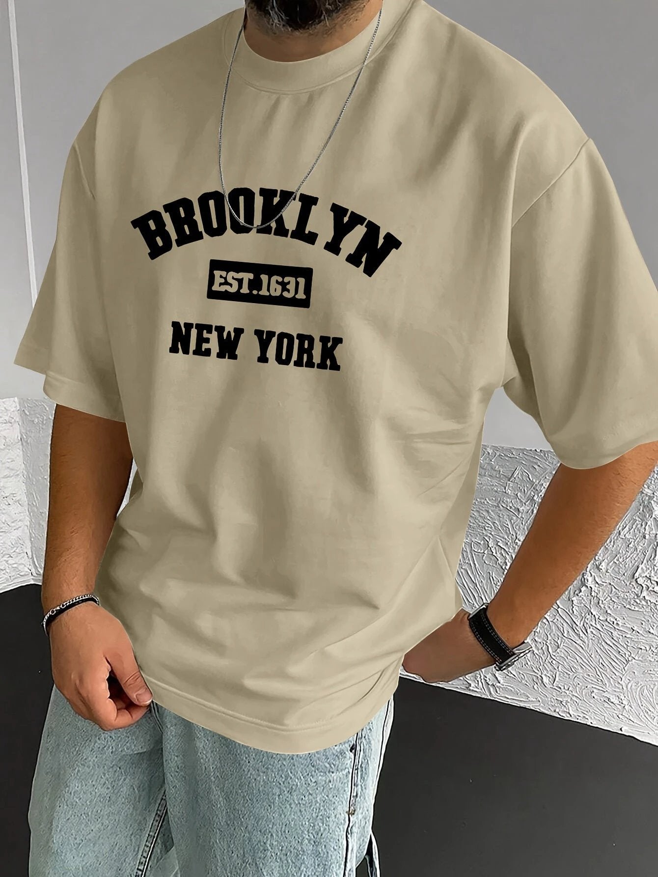 Men's Summer Spring Brooklyn Fashionable Printed T-shirt, Casual Short Sleeved Fashionable Style T-shirt, Sporty New Casual Short Sleeved Top by GJG Denim