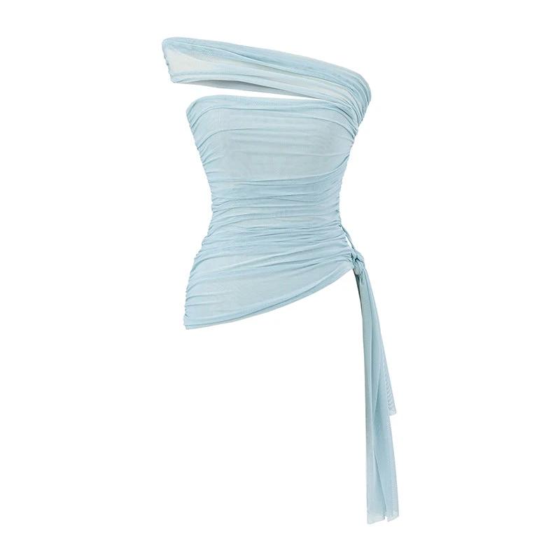 Korean-style Off-shoulder Mesh Top With An Irregular Hem And No Sleeves by GJG Denim