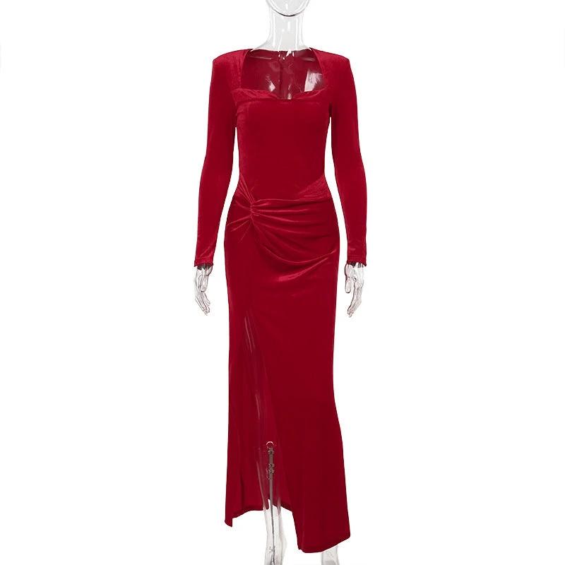 Socialite Style Elegant Long Sleeve Velvet Slit Formal Dress by GJG Denim