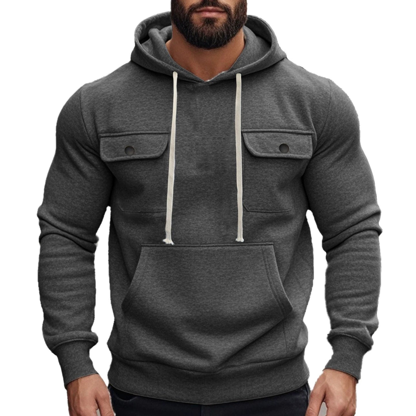 Men's Multi-pocket Long Sleeve Solid Color Hoodies by GJG Denim