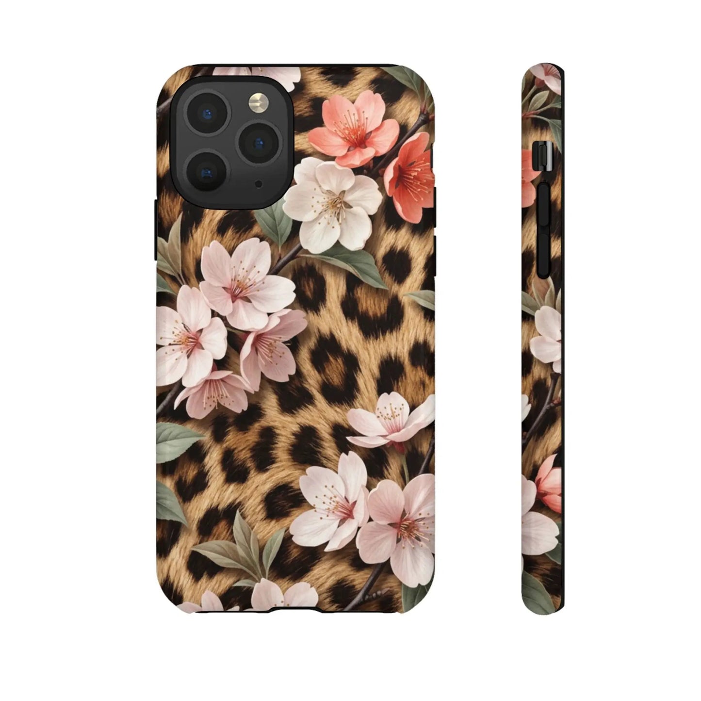 Leopard Floral Tough Case — Protective Phone Case with Pink Cherry Blossoms by Printify