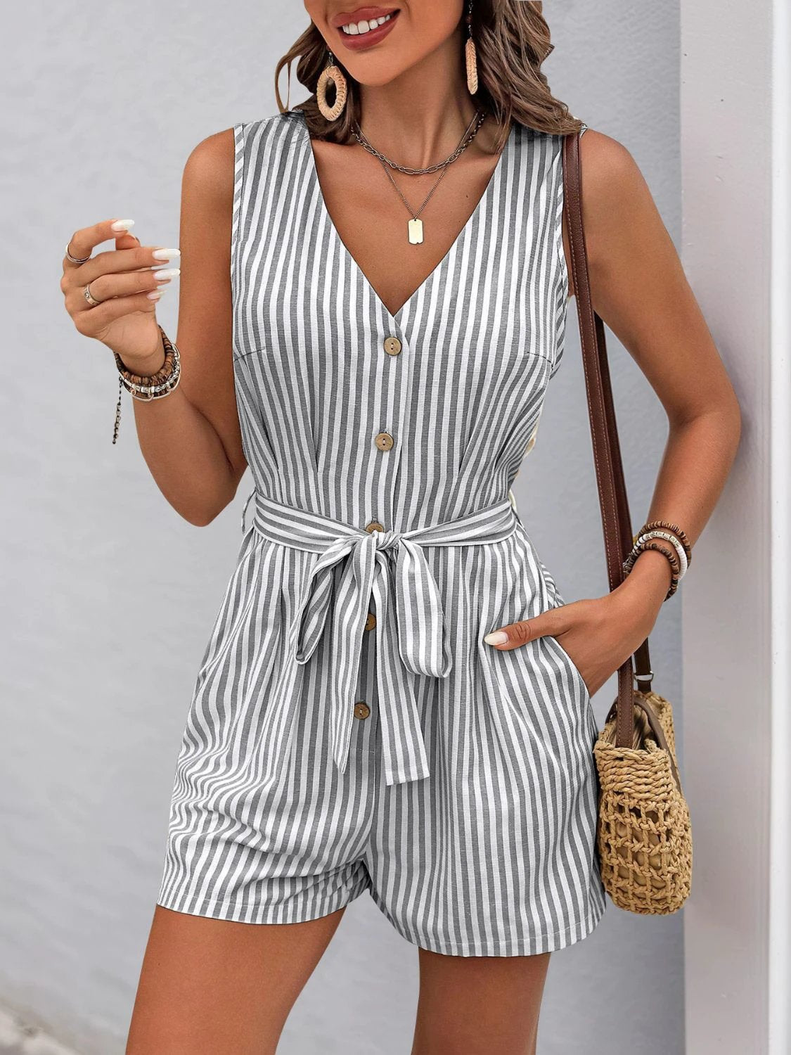 Perfee Striped V-Neck Tie Waist Romper by Lady Ros