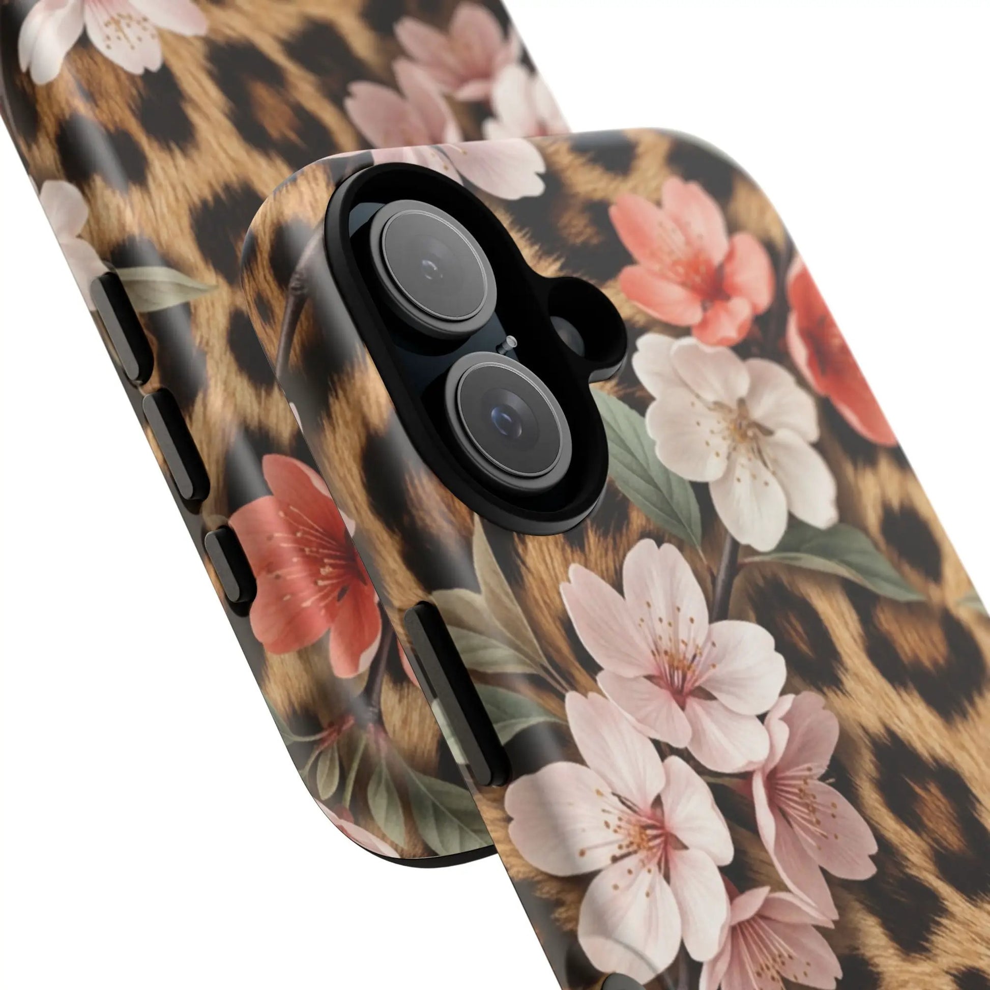 Leopard Floral Tough Case — Protective Phone Case with Pink Cherry Blossoms by Printify