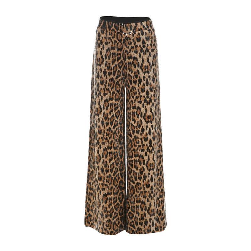 Fashion Leopard Print Sequined High Waist Straight Slim Fit Casual Trousers by GJG Denim
