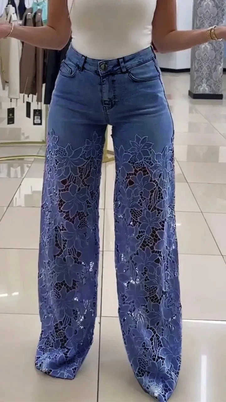 Y2K Lace Flowers Hollow Jeans Fashion High Waist Straight Wide Leg Pants Solid Color Trousers Women's Clothing by GJG Denim