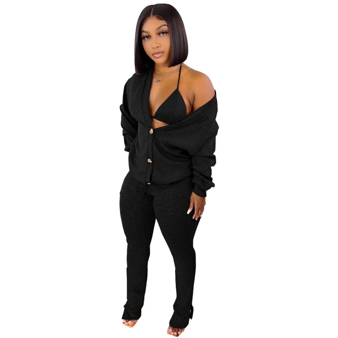 Sweater Coat Underwear Pocket 3-piece Set Suit by GJG Denim