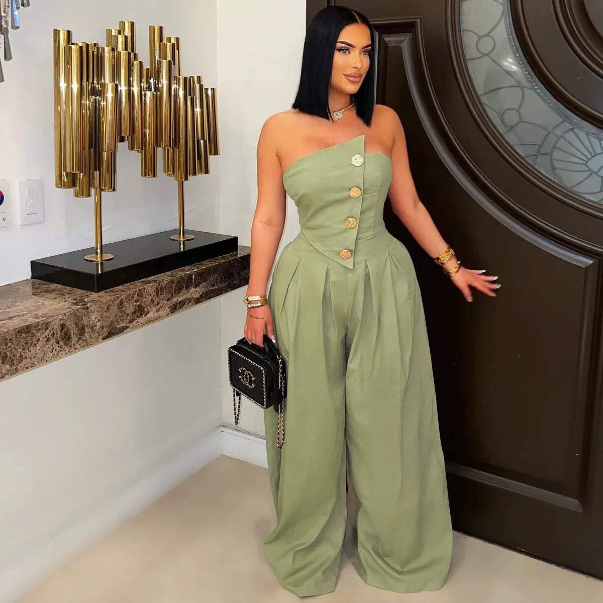 Sexy Tube Top Sleeveless Metal Button Wide Leg Jumpsuit by GJG Denim