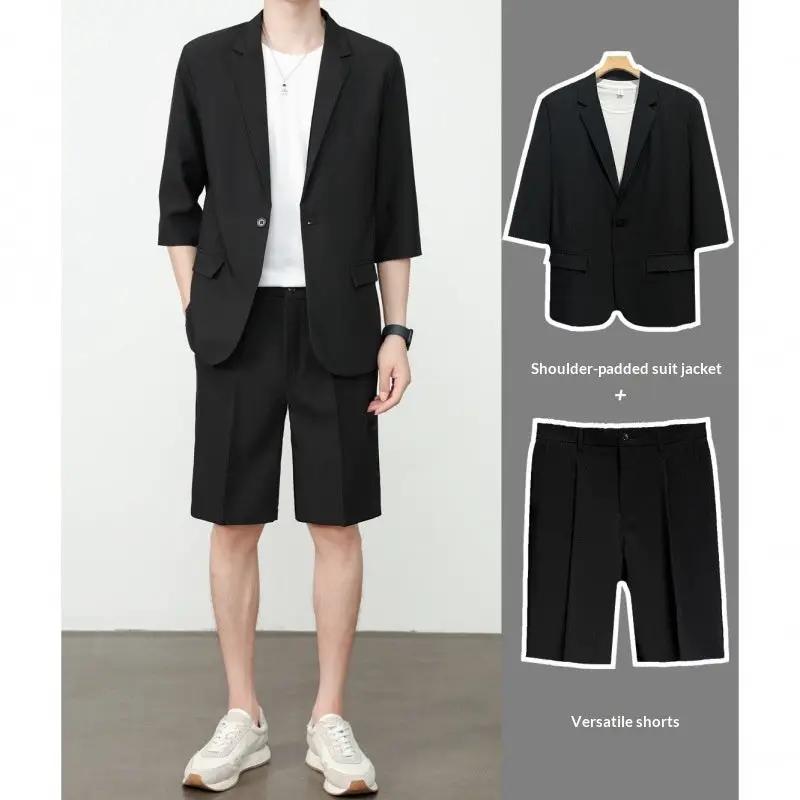 Thin Short-Sleeve Suit Mens Casual Cropped-Sleeve Jacket Half-Sleeve Suit Set by GJG Denim