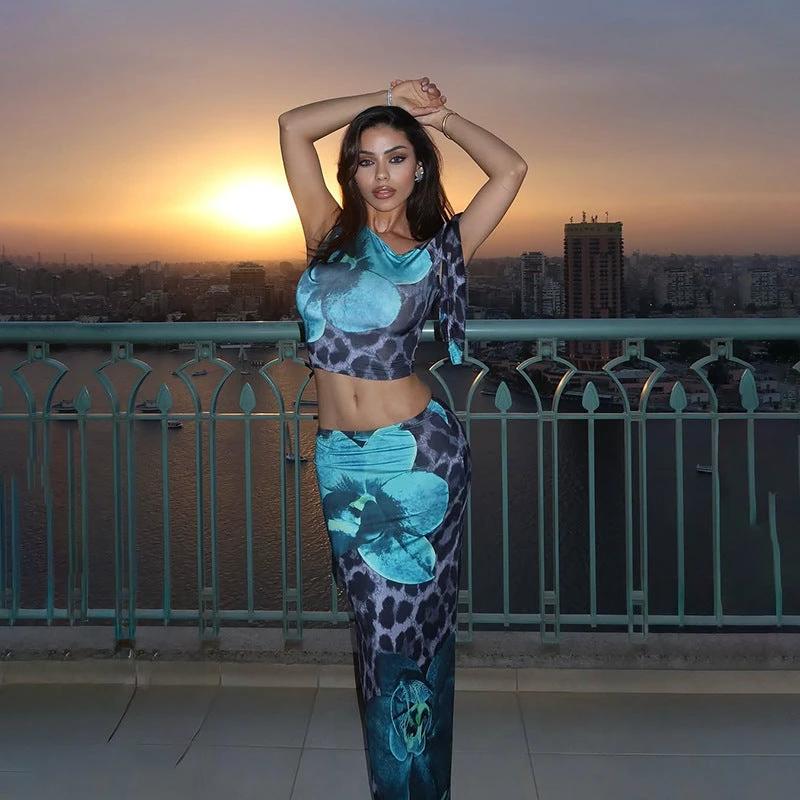 Contrast Color Leopard Print Flower Print Sleeveless Midriff-baring Long Dress Suit by GJG Denim