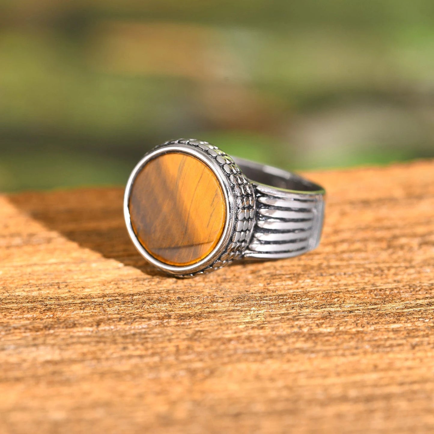 Stainless Steel Men's Tiger Eye Stone Cast Ring Vintage Style