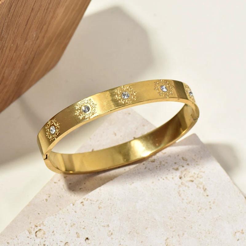 Retro Sunflower Diamond-Encrusted Bracelet Gold Polished Cuff by GJG Denim