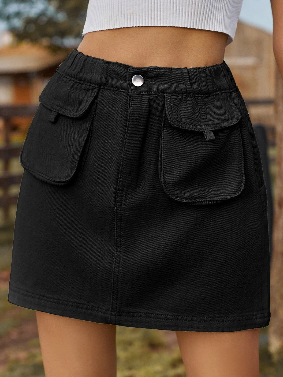 Pocketed Elastic Waist Denim Skirt by Lady Ros
