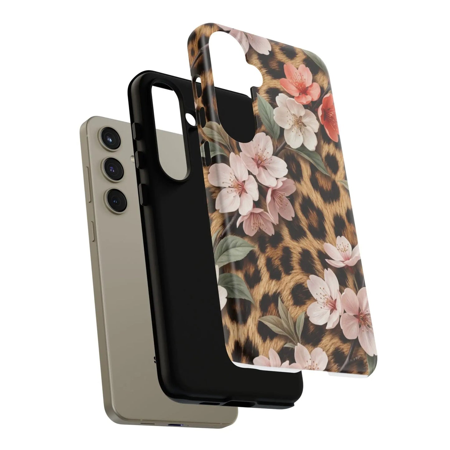 Leopard Floral Tough Case — Protective Phone Case with Pink Cherry Blossoms by Printify