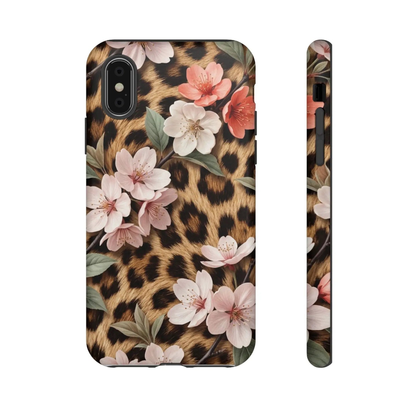 Leopard Floral Tough Case — Protective Phone Case with Pink Cherry Blossoms by Printify