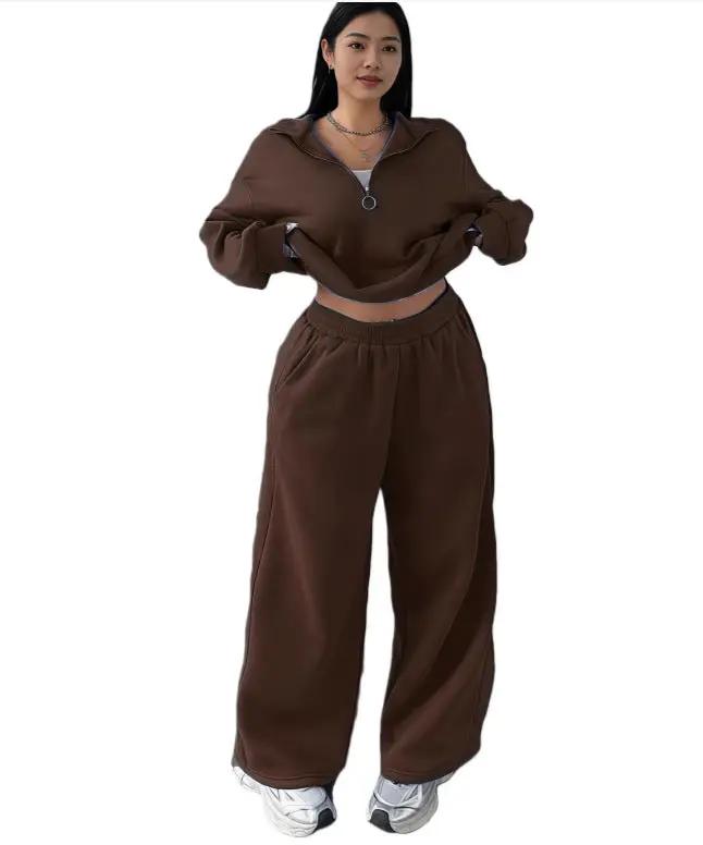 Casual Womens Fashion Half-Zip Pullover Hoodie And Pants Two-Piece Set by GJG Denim