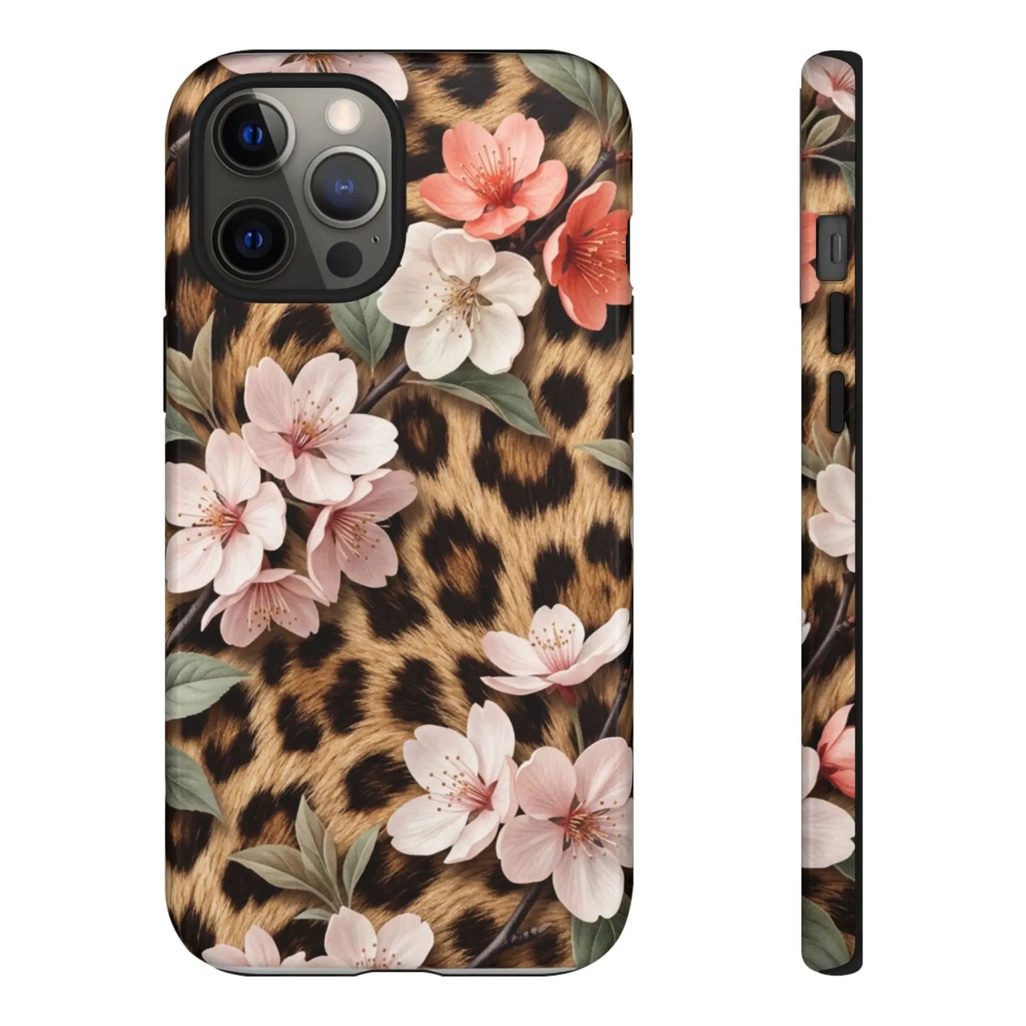Leopard Floral Tough Case — Protective Phone Case with Pink Cherry Blossoms by Printify