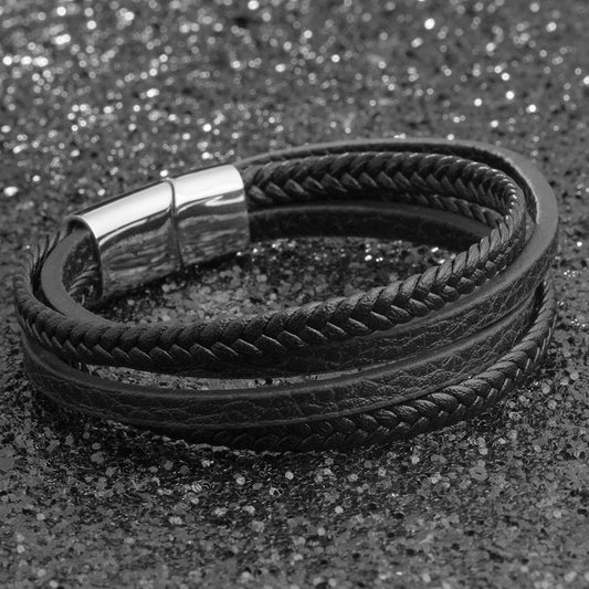Stainless Steel Faux Leather Braided Rope Magnetic Clasp Bracelet For Men by GJG Denim