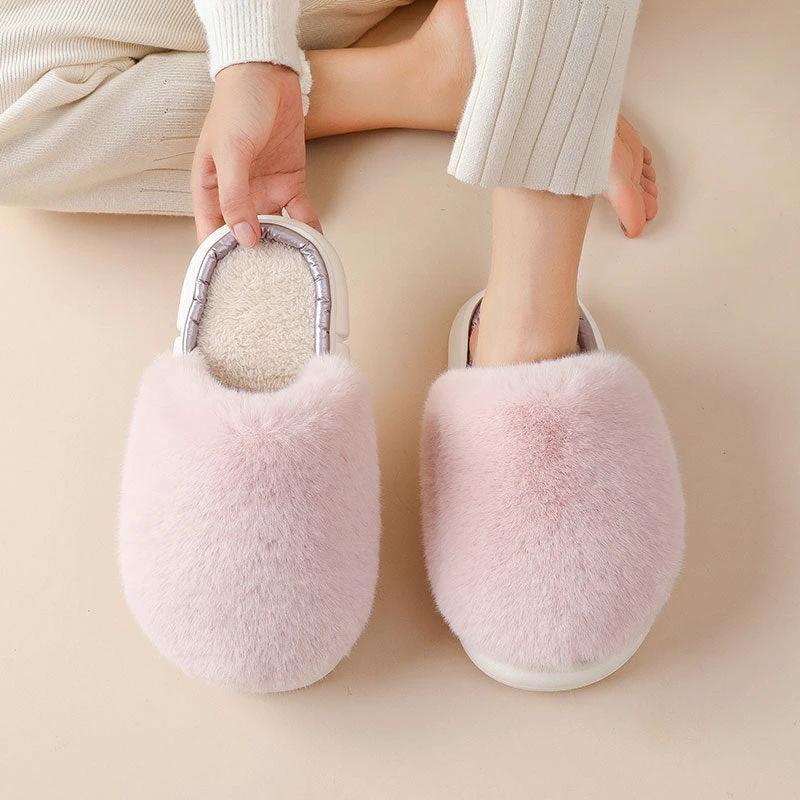 Fuzzy House Slippers Winter Warm Plush Faux Rabbit Fur Bedroom Shoes by GJG Denim