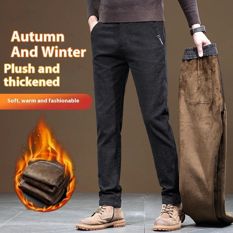 Men's Slim Fit Straight Fleece-lined Thick Business Casual Pants by GJG Denim