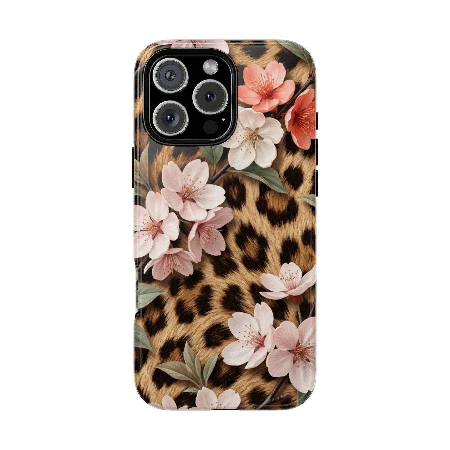 Leopard Floral Tough Case — Protective Phone Case with Pink Cherry Blossoms by Printify