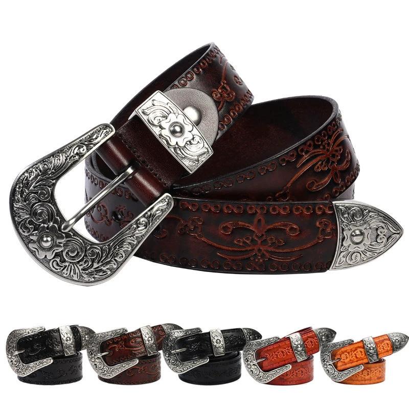 Men's Embossed First Layer Cowhide Mongolian Style Personalized Carved Belt by GJG Denim