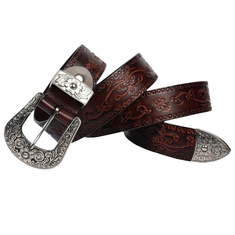 Men's Embossed First Layer Cowhide Mongolian Style Personalized Carved Belt by GJG Denim