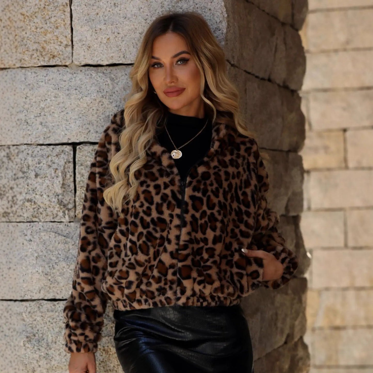 Womens Loose-fit Zip-up Leopard-print Plush Coat by GJG Denim