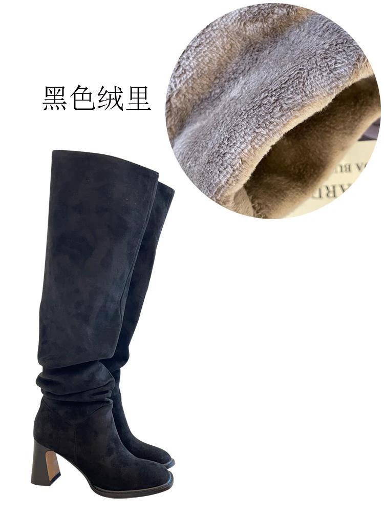 High Leg Boot High Heel Riding Boots Square Head Small Thick Leg Length by GJG Denim