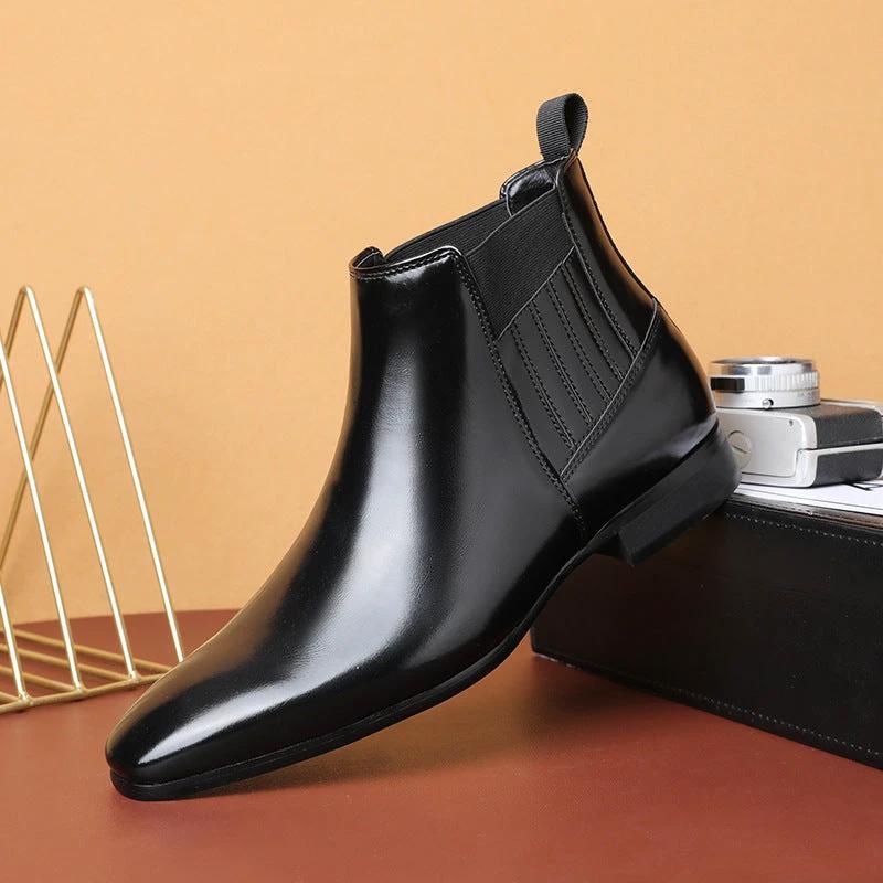 Men's Pointed Toe Chelsea-style Boots Square Heel Business Formal Leather Shoes by GJG Denim