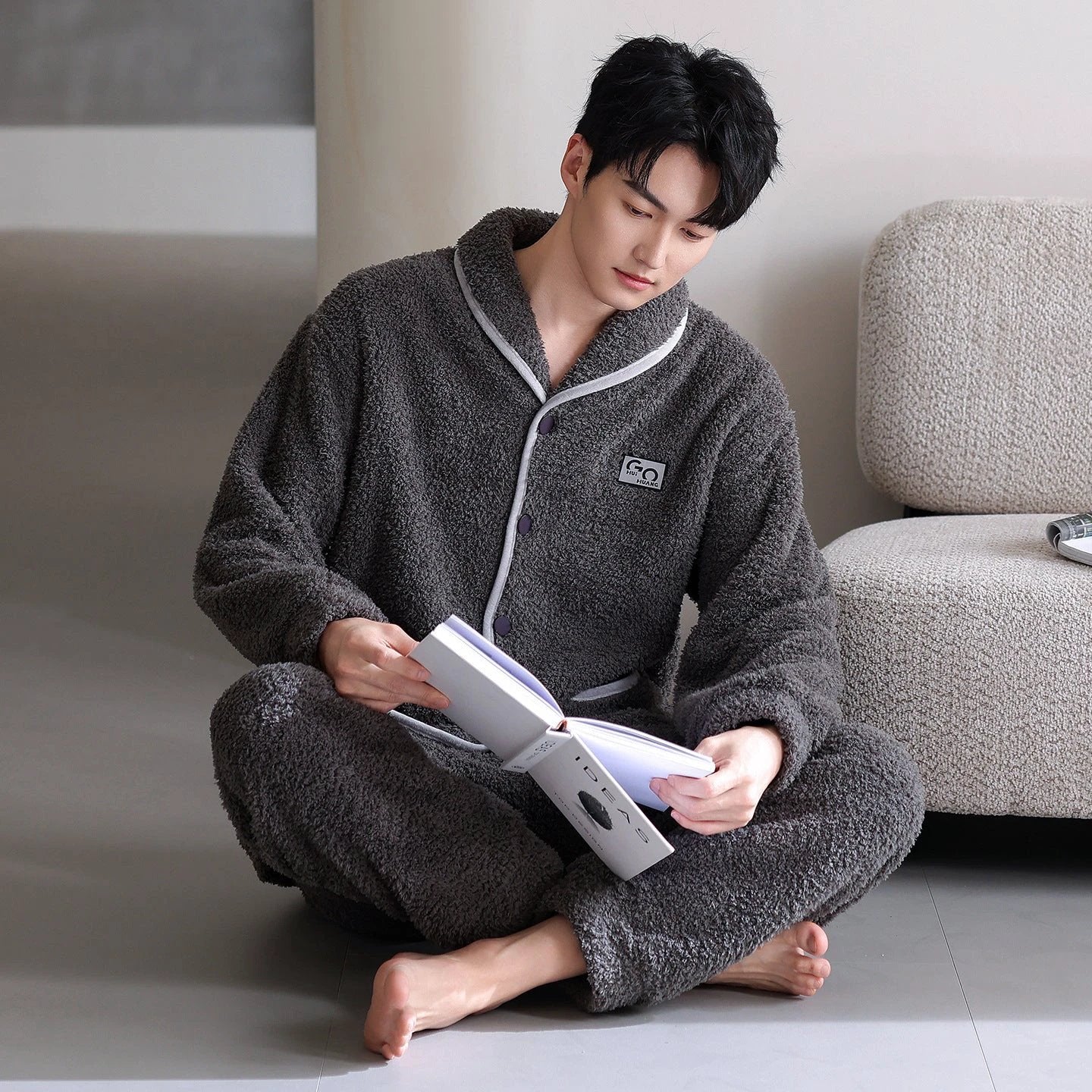 Men's Flannel Thick Warm Long Sleeves Fleece Pajama Set by GJG Denim