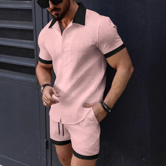 Mens Casual Color-Block Short-Sleeve Shirt And Shorts Beach Set by GJG Denim