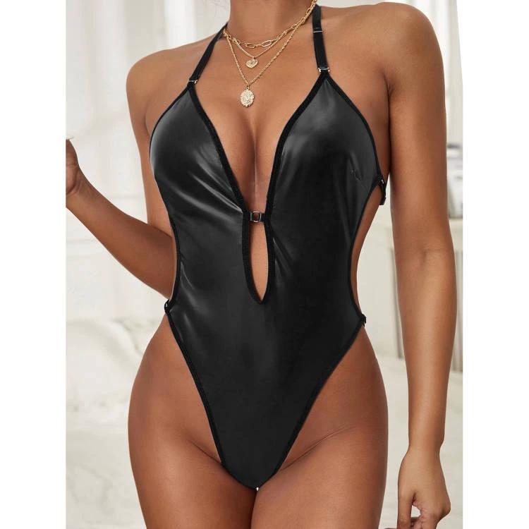 Women's Fashion Halter Patent Leather Bodysuit by GJG Denim
