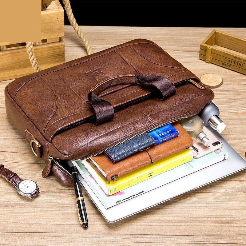 Full-grain Leather Large-capacity Men's Briefcase by GJG Denim