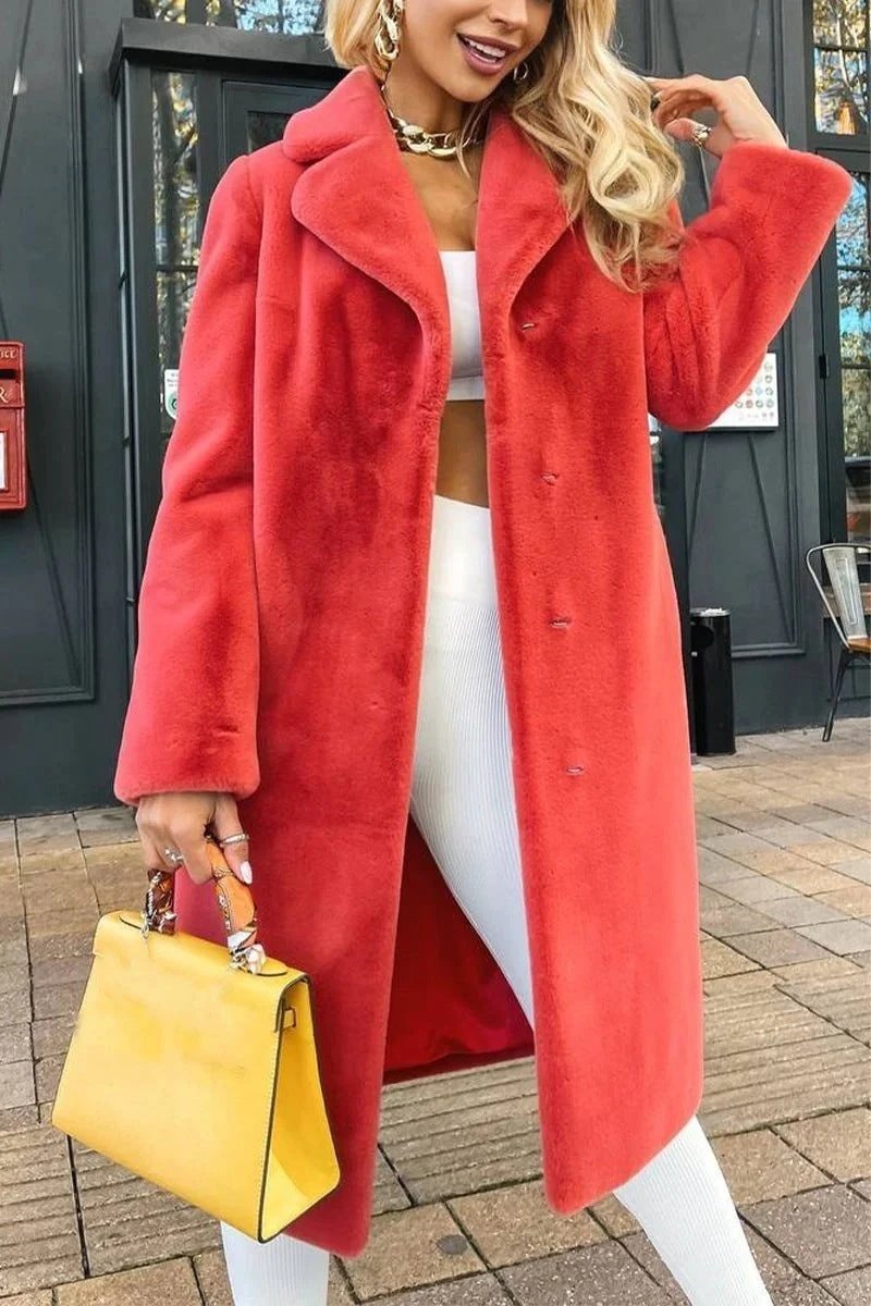 Women's Fashionable Elegant Lace-up Turn-down Collar Plush Long Coat by GJG Denim