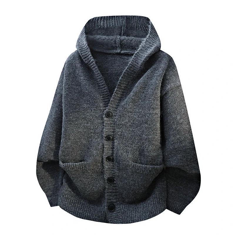 Men's Relaxed Loose-fitting Hooded Cardigan Knit Sweater by GJG Denim