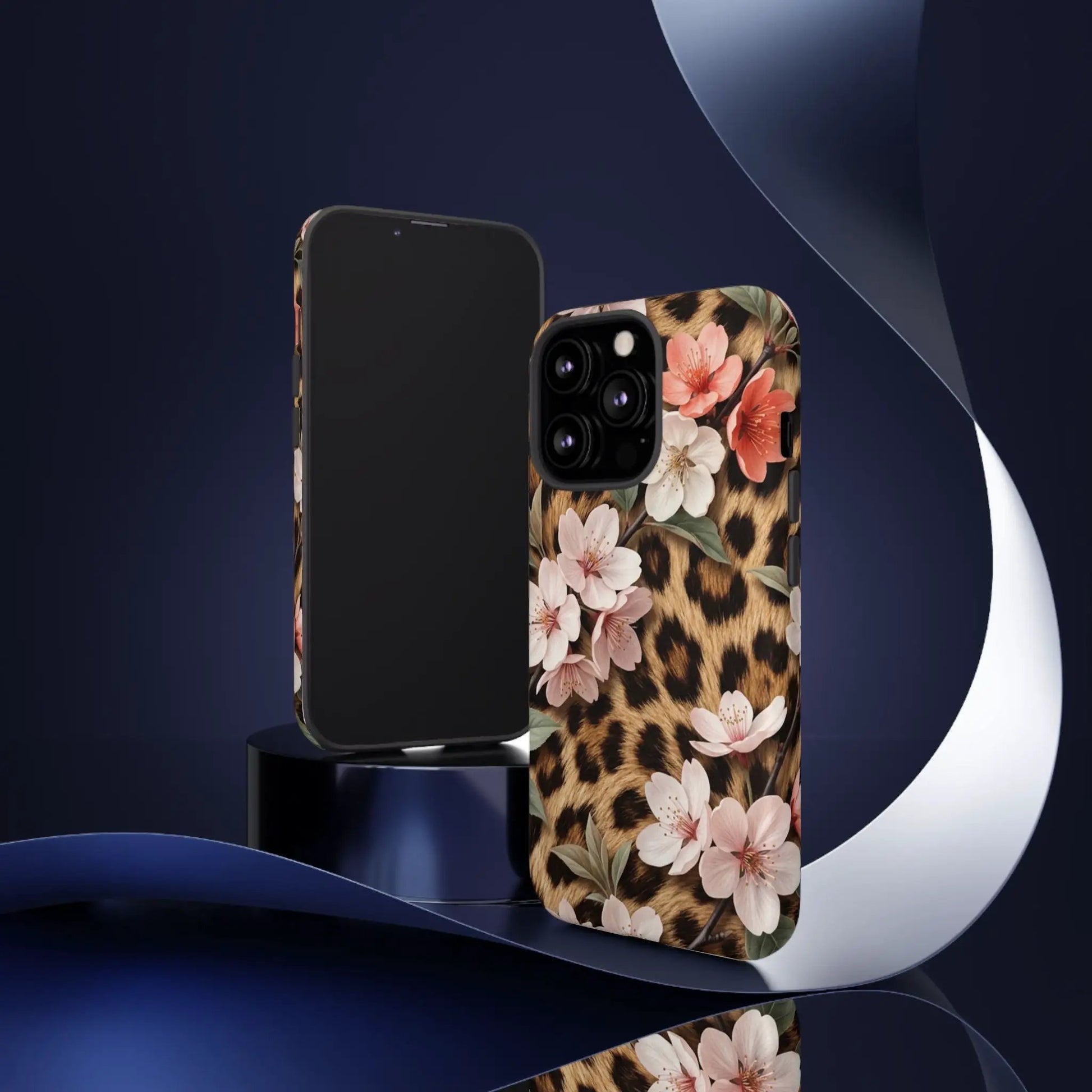 Leopard Floral Tough Case — Protective Phone Case with Pink Cherry Blossoms by Printify