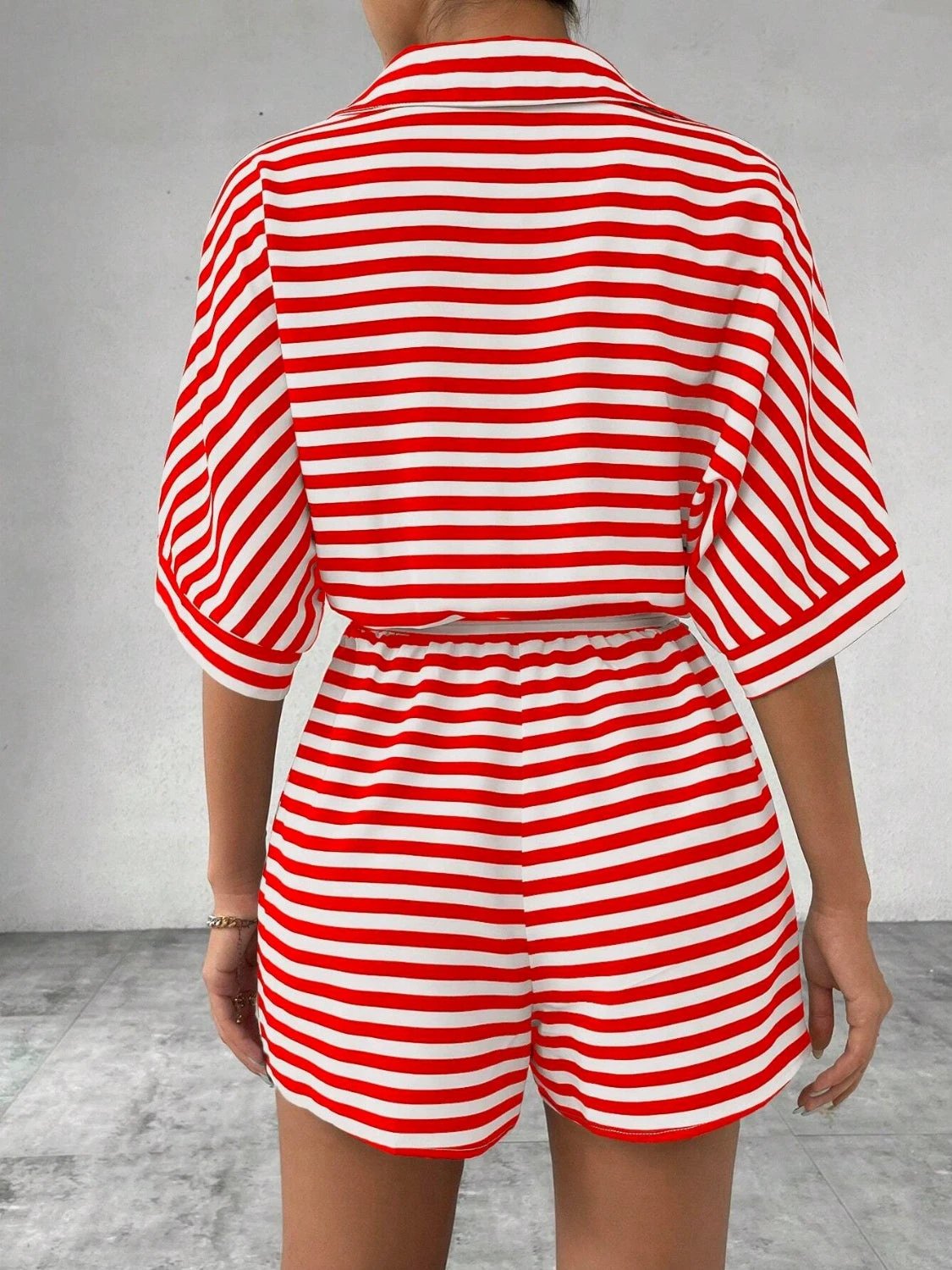 Tie Waist Half Button Striped Romper by VYSN