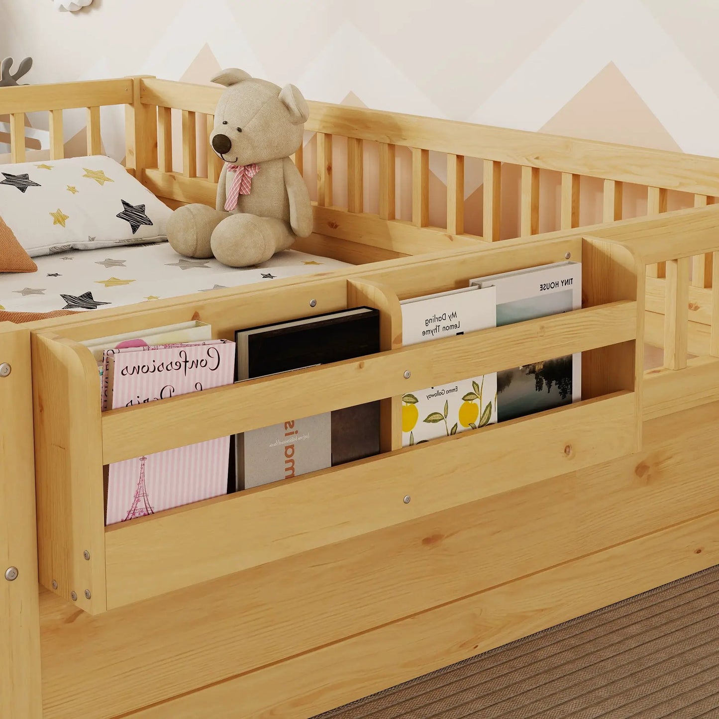 Full Montessori Floor Bed Frame With High Rails, Wood Kids Floor Beds With Light And Storage Shelf, Natural by GJG Denim