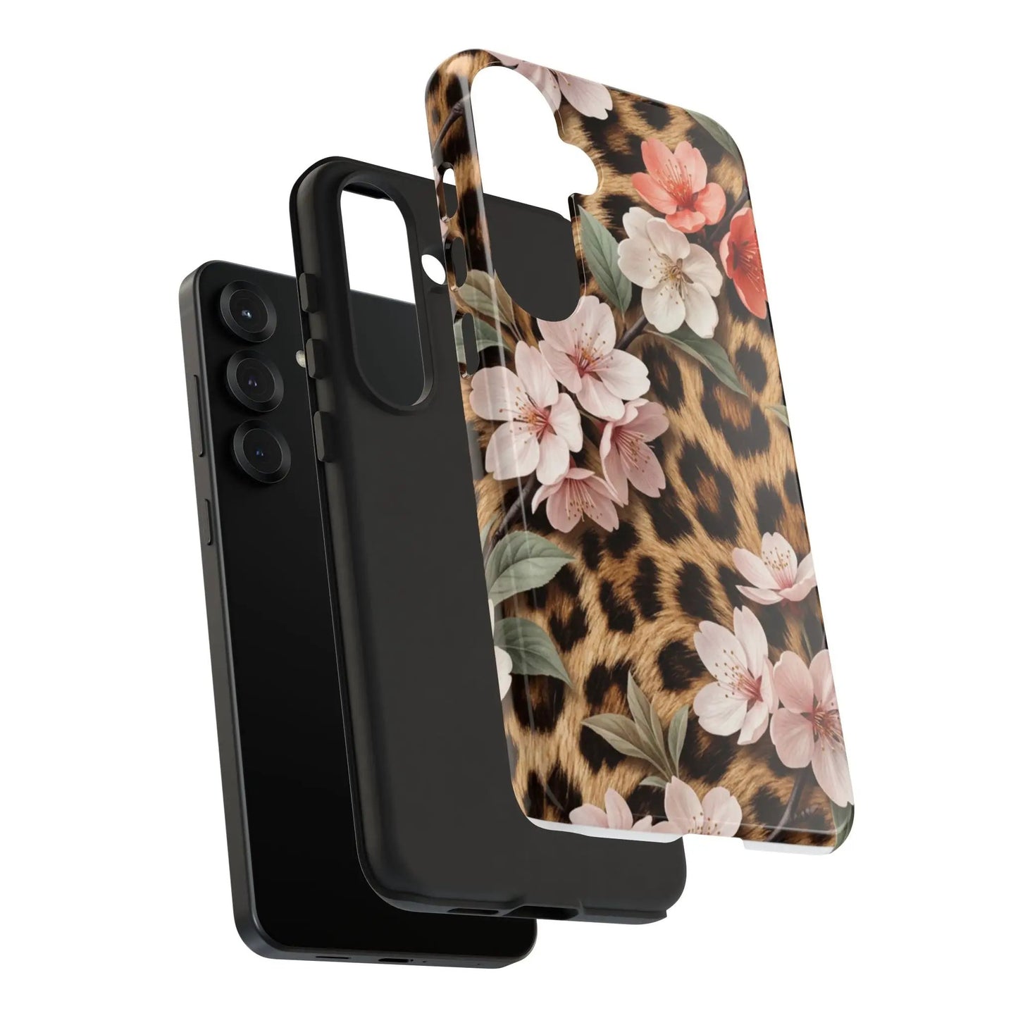 Leopard Floral Tough Case — Protective Phone Case with Pink Cherry Blossoms by Printify
