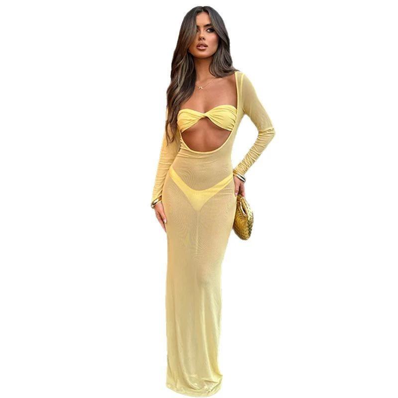 Sexy See-through Temptation Midriff Outfit Bandeau Slim-fit Long Sleeve Tight Dress by GJG Denim