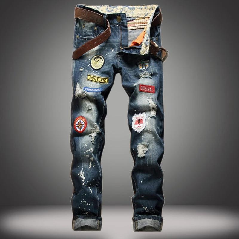 Men's Straight Slim Splash-ink Old Fashion Jeans by GJG Denim