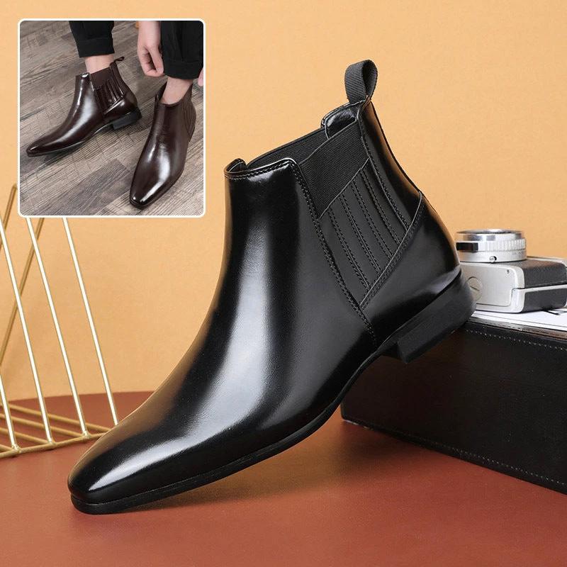 Men's Pointed Toe Chelsea-style Boots Square Heel Business Formal Leather Shoes by GJG Denim