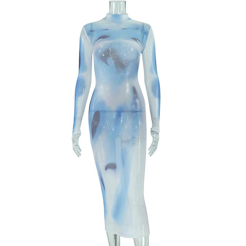 New Street Print Round Neck High Waist Pullover Long Sleeve Slim Wrap Buttock Long Dress For Women by GJG Denim
