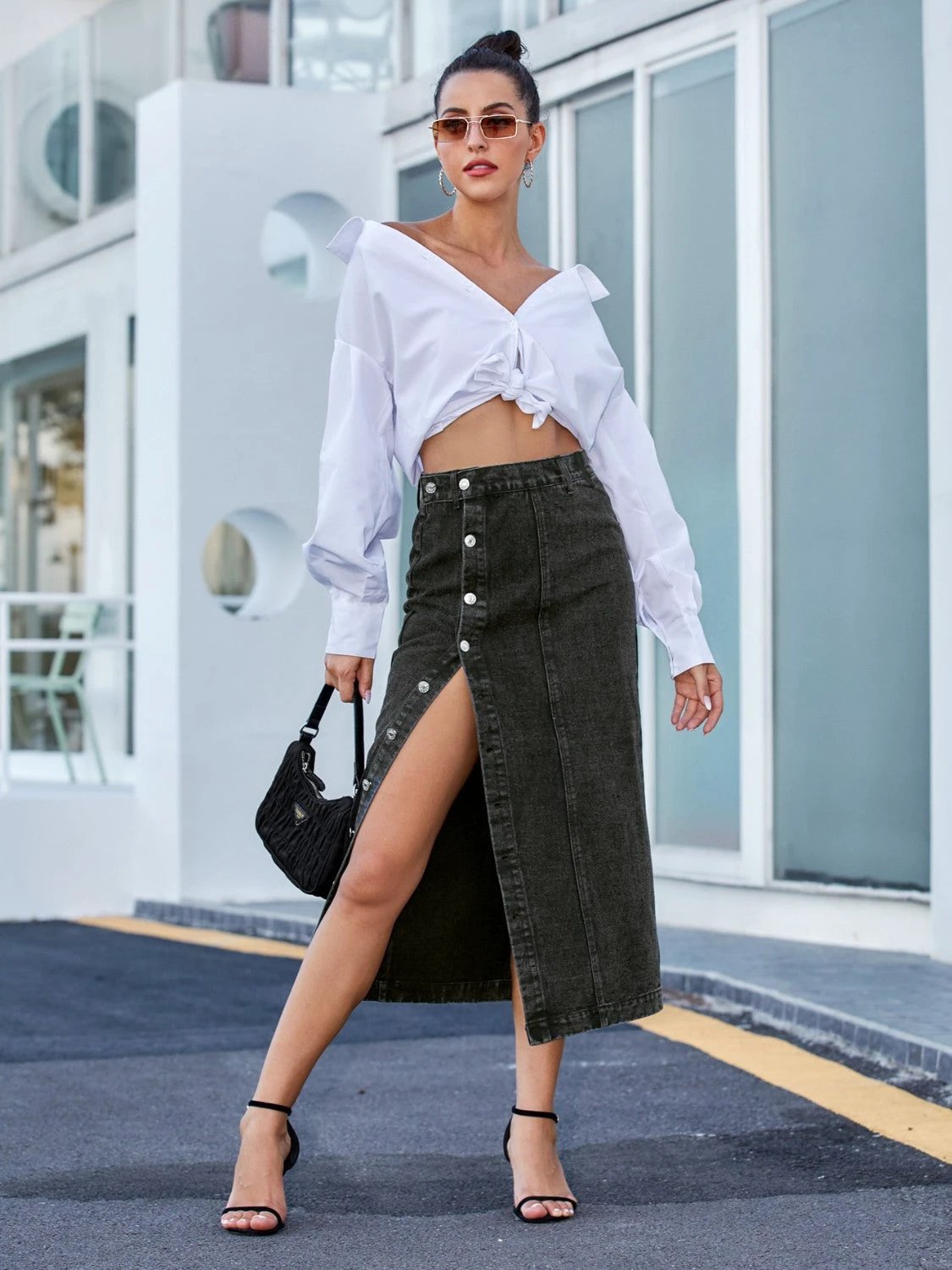 Button Down Denim Skirt by Lady Ros