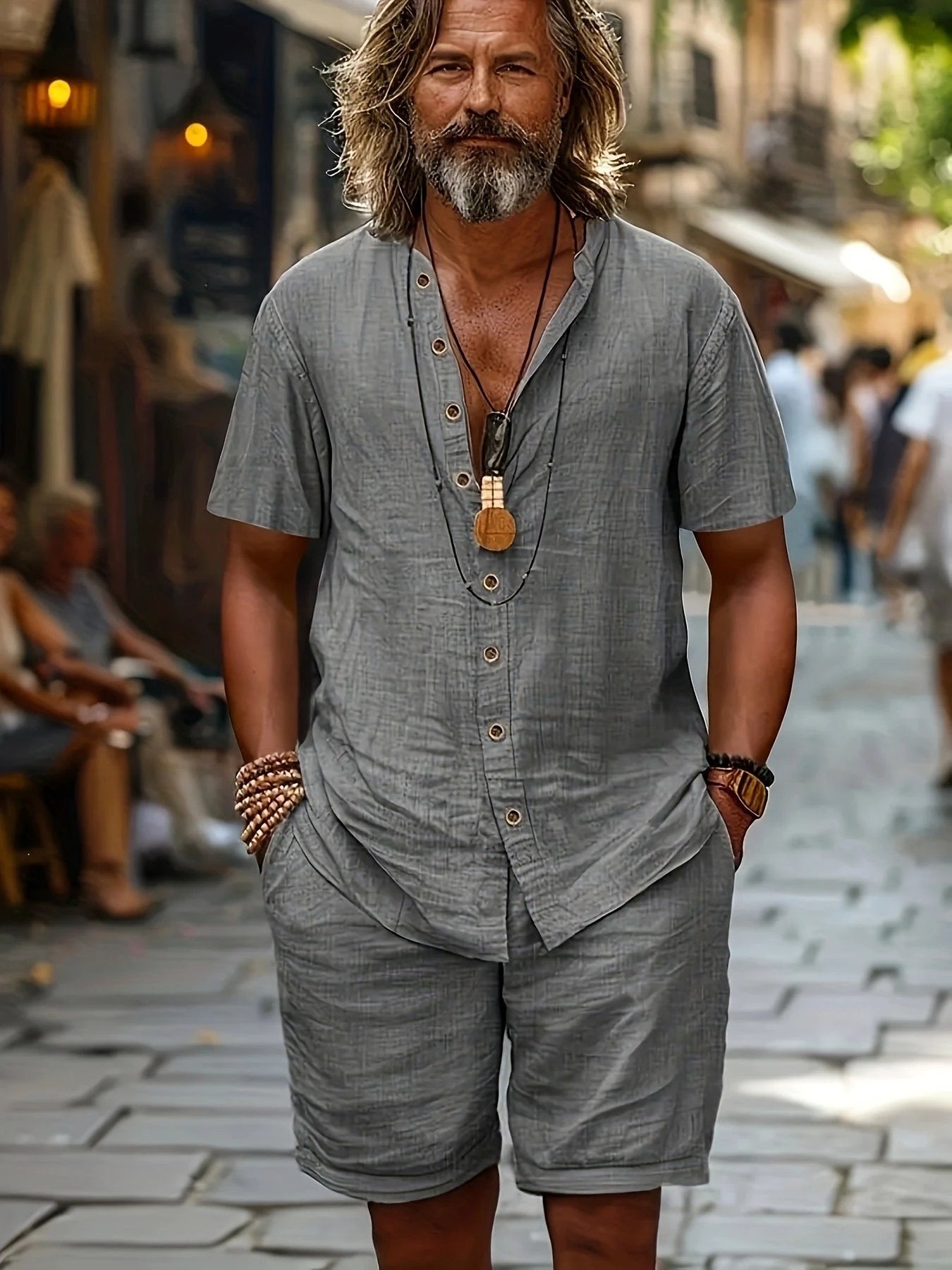 Cotton-linen Short-sleeve Shirt And Loose-fitting Shorts Two-piece Set For Men by GJG Denim