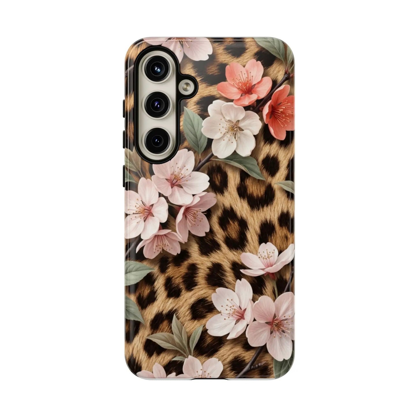 Leopard Floral Tough Case — Protective Phone Case with Pink Cherry Blossoms by Printify