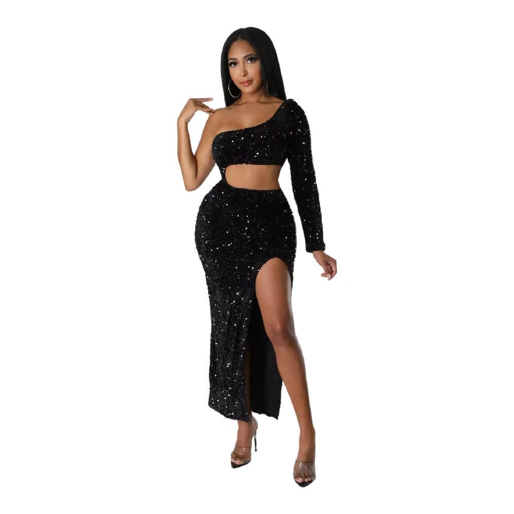 One-shoulder Fashionable Sequins Sexy Navel Split Hip Women's Clothing Dress by GJG Denim